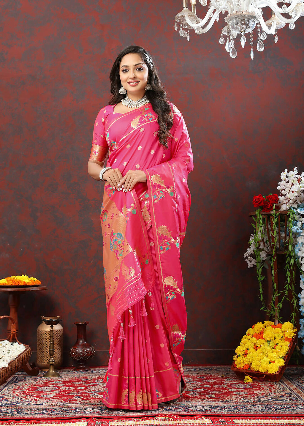 Lorenvalley Fashion Pink Soft Paithani Silk Woven Design Copper Zari Meenakari Weaving Saree | Grocsy