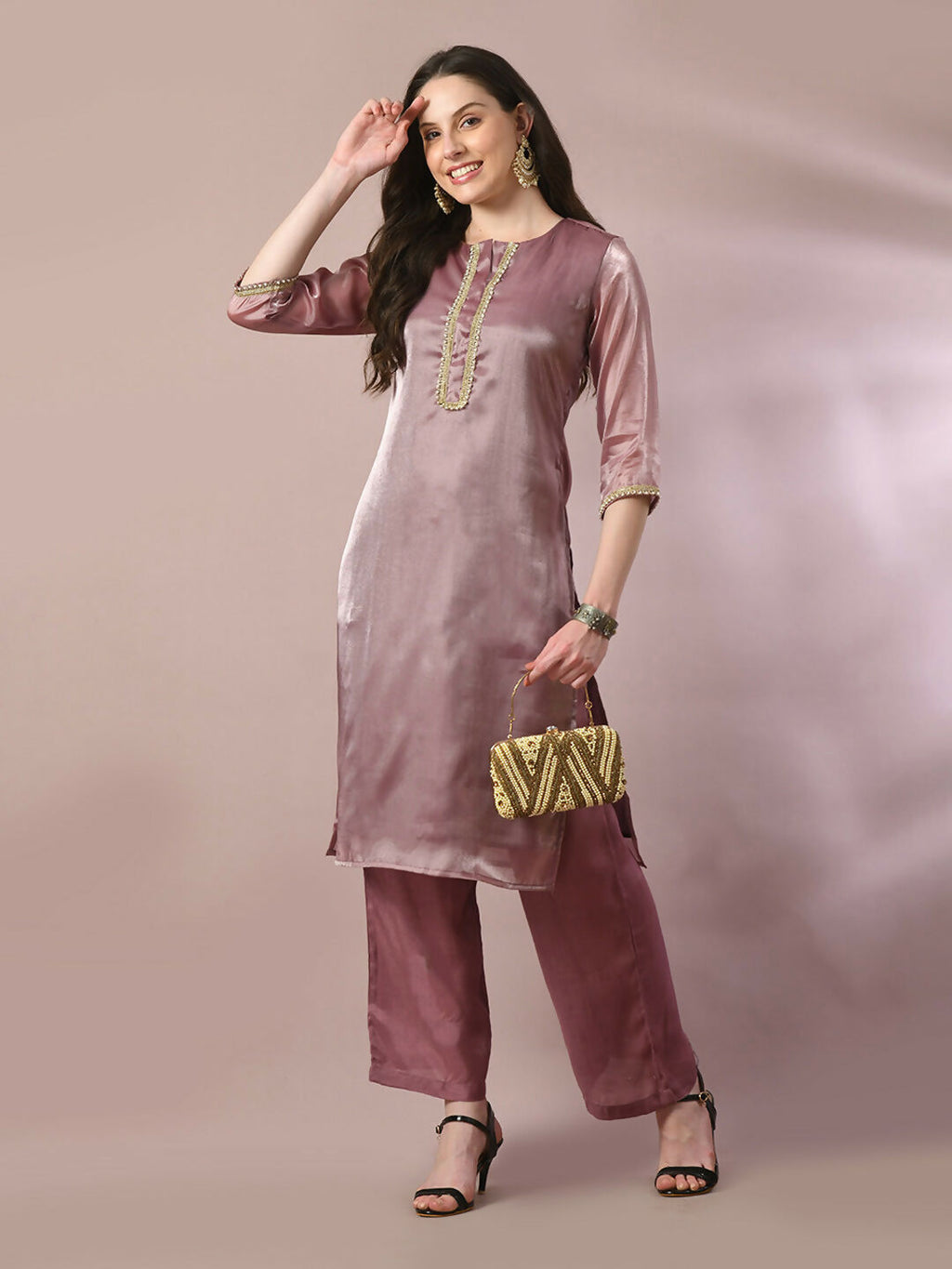 Myshka Women's Brown Solid Straight Party Kurta Set | Grocsy