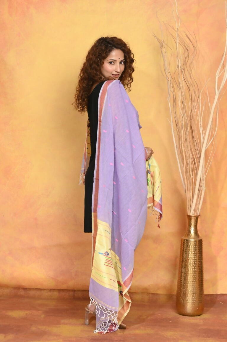 Very Much Indian Handloom Pure Cotton Paithani Dupatta - Lavender | Grocsy