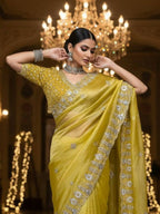 Joban Fashion Yellow Fandy Satin Silk Party Wear Sarees | Grocsy