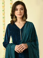Myshka Women's Teal Velvet Kurta & Trousers With Dupatta Party Sets | Grocsy