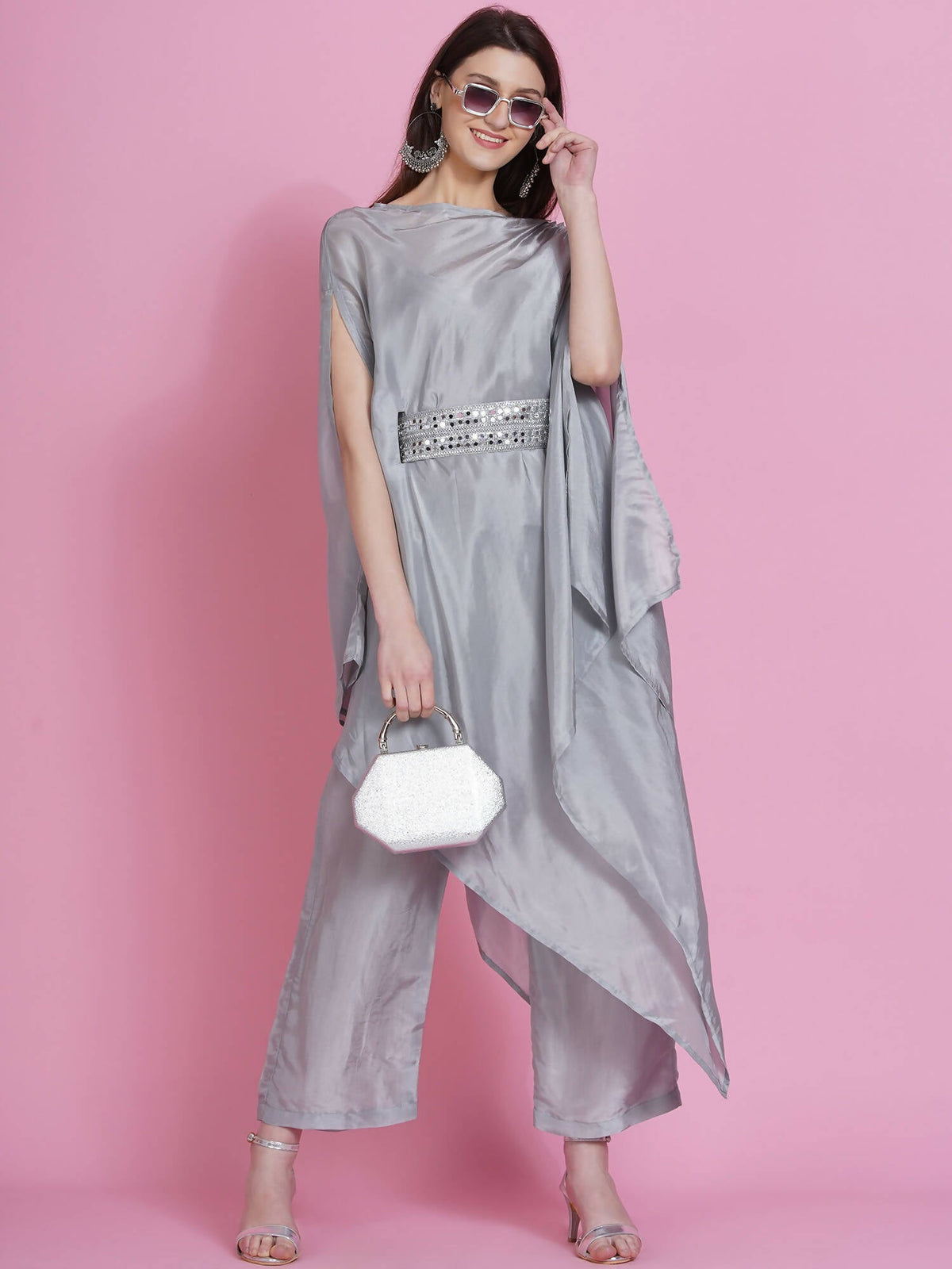 Women Republic Grey Opara Silk Kurta With Belt And Palazzo | Grocsy