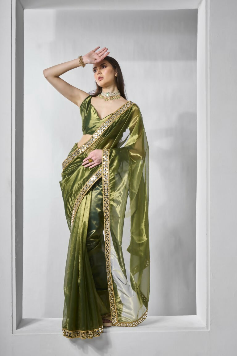Green Gold Tissue Net Solid & Gold Cotted Saree - Samaa | Grocsy