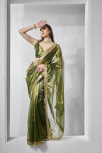 Green Gold Tissue Net Solid & Gold Cotted Saree - Samaa | Grocsy