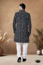 Joban Fashion Men's Black Base White & Blue Straight Velvet Thread & Sequence Embroidery All Over Indo-Western Kurta Set | Grocsy