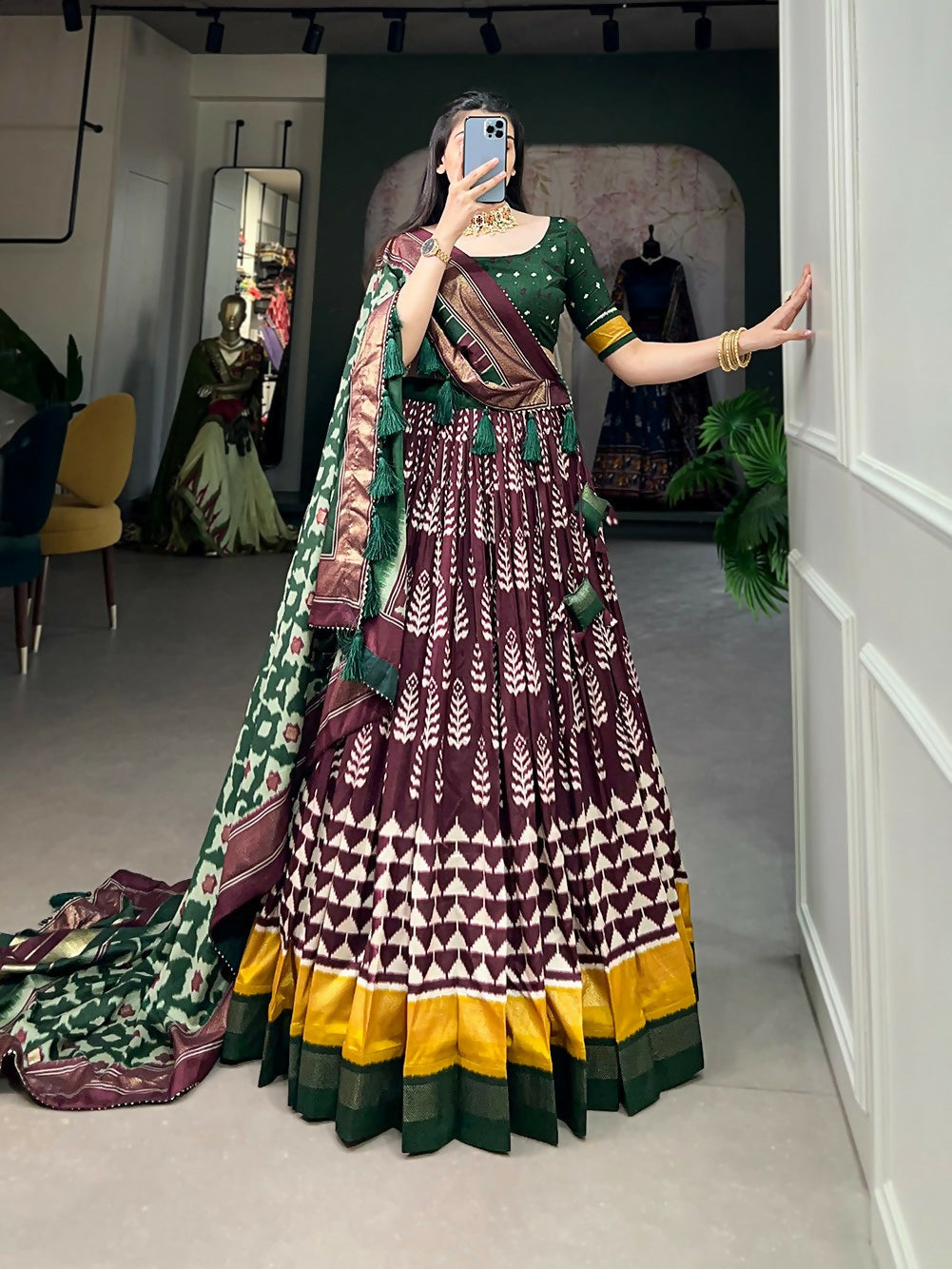 Vastranavya Traditional Printed Tusser Silk Lehenga Choli - Wine | Grocsy