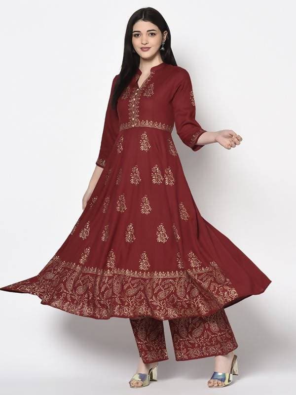 Aniyah Rayon Maroon Block Print Anarkali Palazzo Set (AN-212K) | Grocsy