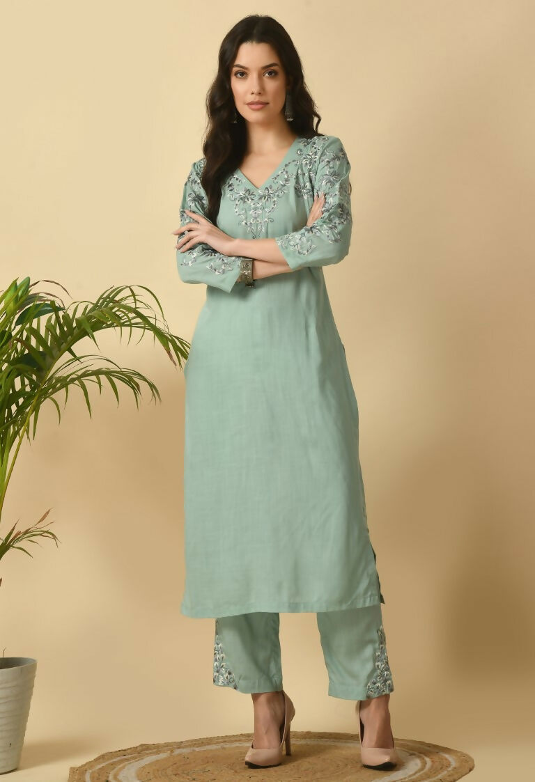 Joban Fashion Sea Green Cotton Rayon Kurta Set | Grocsy