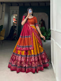 Vastranavya Floral Print With Foil Print Tussar Silk Lehenga with Unstitched Blouse - Mustard | Grocsy