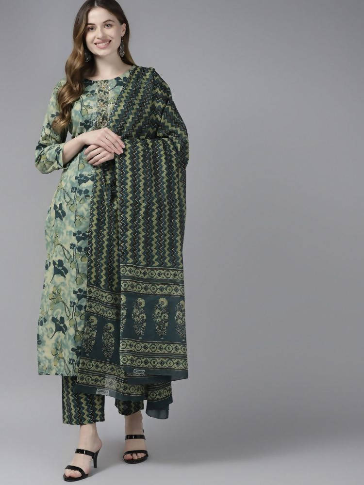 Yufta Women Teal and Beige Floral Dyed Pure Cotton Kurta with Palazzo and Dupatta | Grocsy