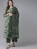 Yufta Women Teal and Beige Floral Dyed Pure Cotton Kurta with Palazzo and Dupatta | Grocsy