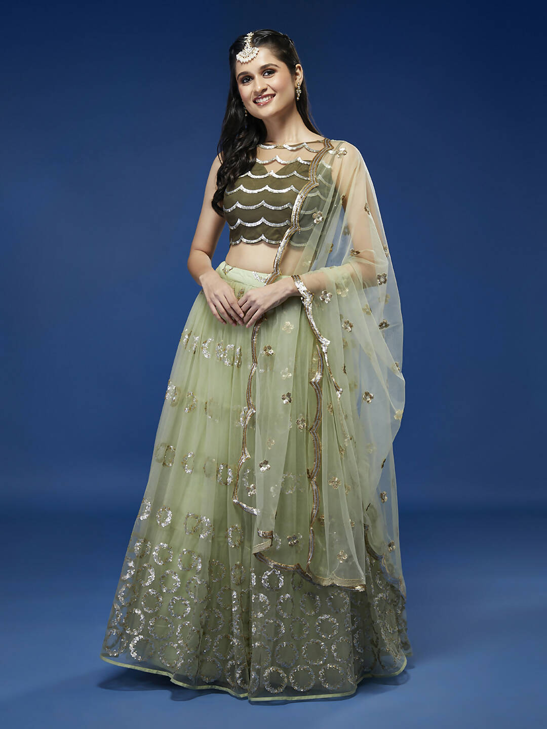 House of Panchhi Lime Green Net Embroideried Round Sequins Lehenga | Grocsy