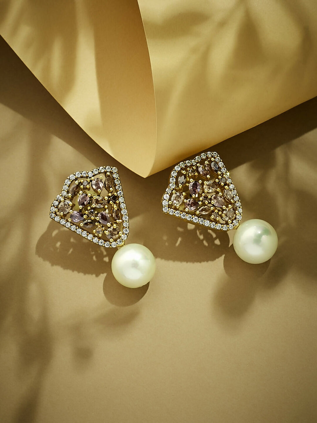 Nuyug 22K Gold-Plated Elegant Zircon Stone Studded & Pearls Drop Stud Earrings | Grocsy