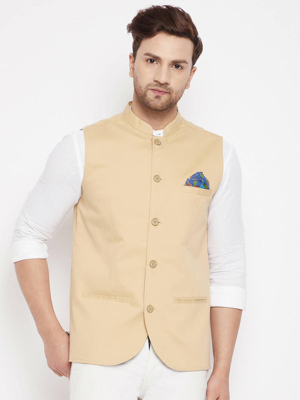 Even Apparels Beige Polyester Men's Nehru Jacket-Contrast Lining-Inbuilt Pocket Square | Grocsy