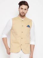 Even Apparels Beige Polyester Men's Nehru Jacket-Contrast Lining-Inbuilt Pocket Square | Grocsy