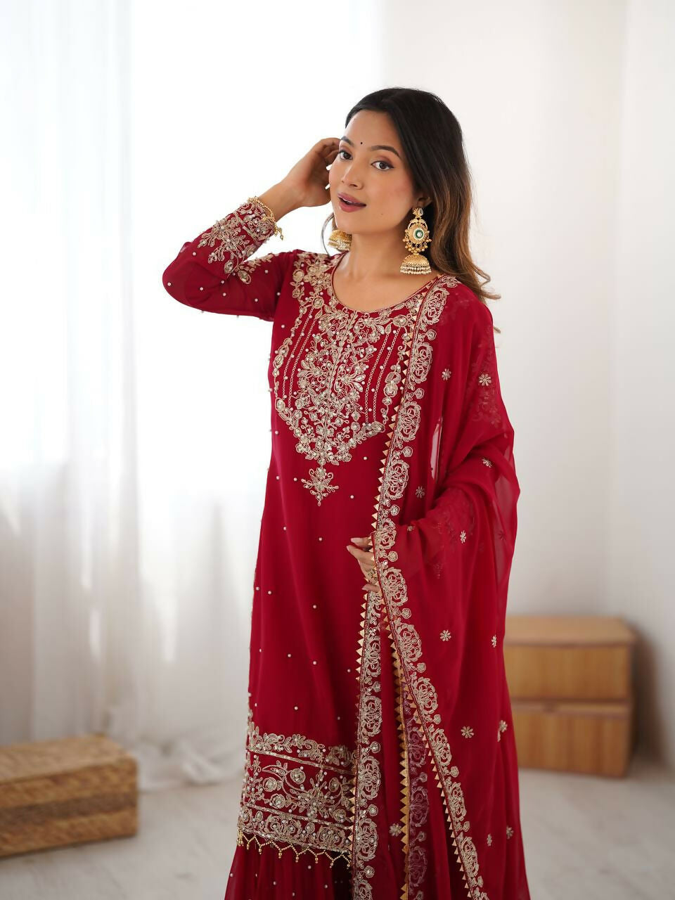 The52 Women's Beautiful Faux Georgette Fabric Embroidery Work Straight Kurt Sharara and Dupatta Set | Grocsy