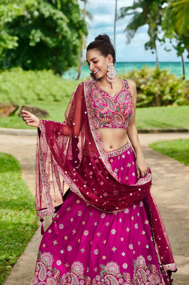 House of Panchhi Burgundy Satin Silk Sequins And Zarkan Embroidery Lehenga Choli & Dupatta | Grocsy