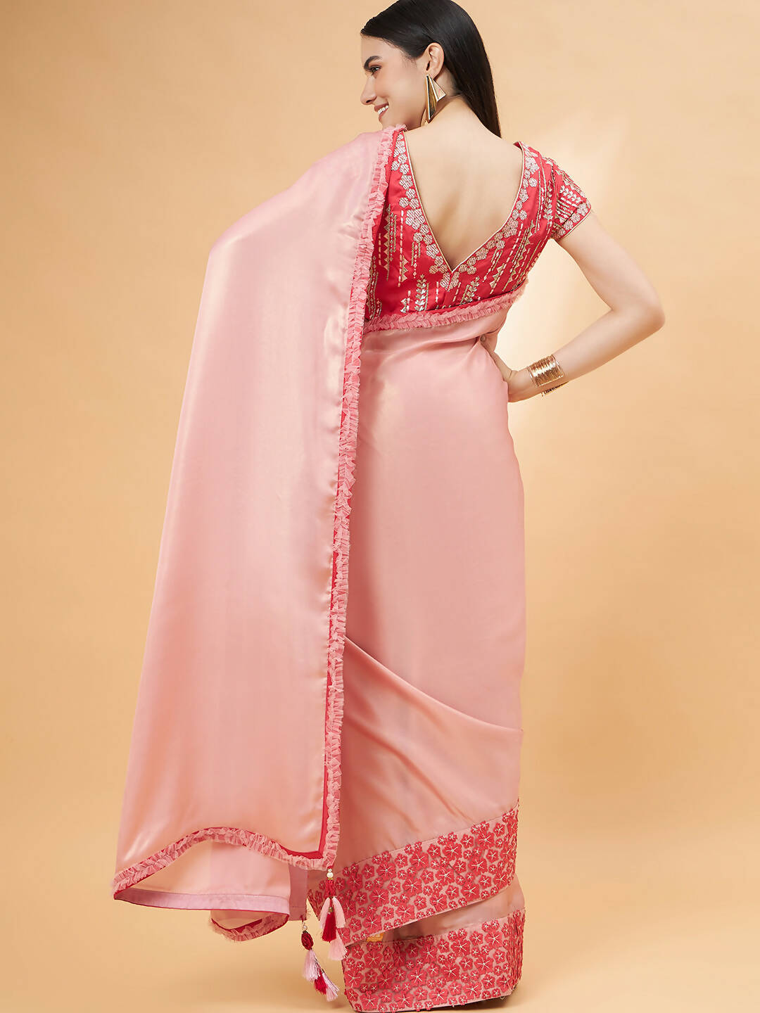 Light Pink Satin Georgette Laser Cut Floral Embroidery , Resham, Zari And Cord Embroidery Saree - Norita Hit Design | Grocsy