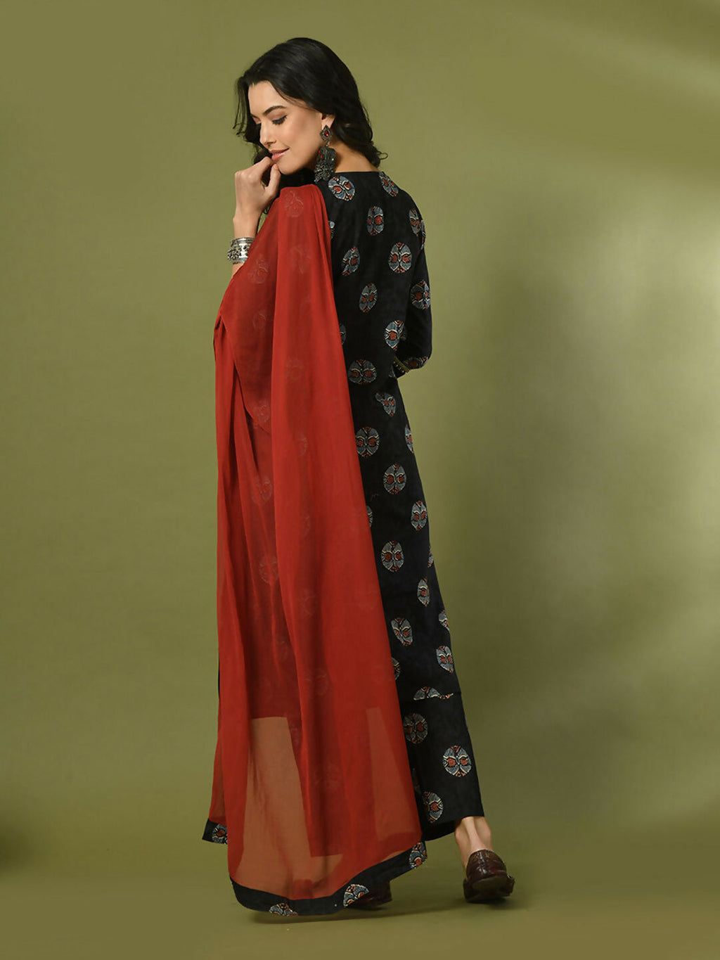 Myshka Women's Black Printed Cotton Straight Party Kurta Set With Dupatta | Grocsy