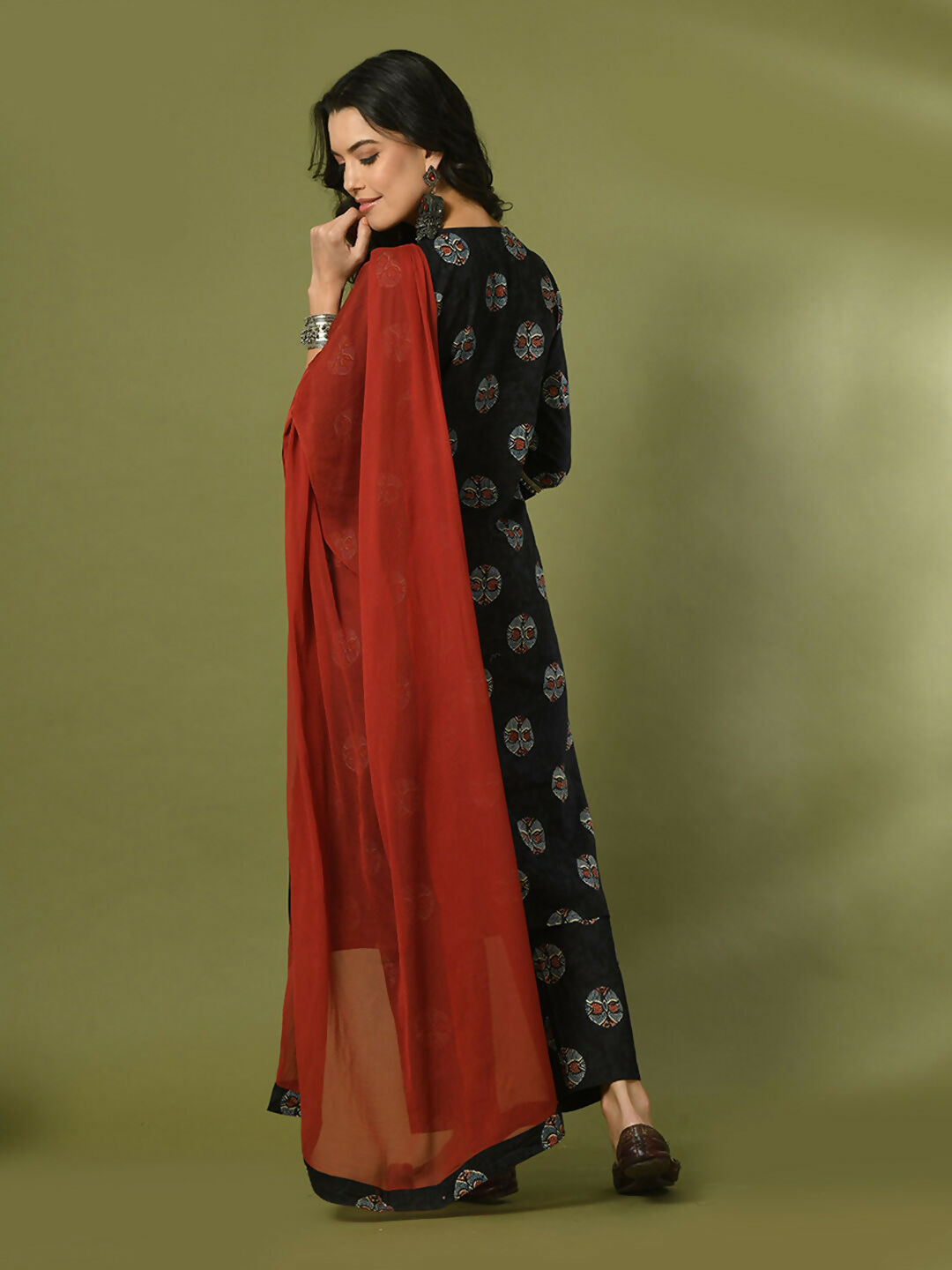 Myshka Women's Black Printed Cotton Straight Party Kurta Set With Dupatta | Grocsy