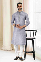 Raivat Ethnic Cotton Thread Work Kurta Pajama In Grey Colour | Grocsy