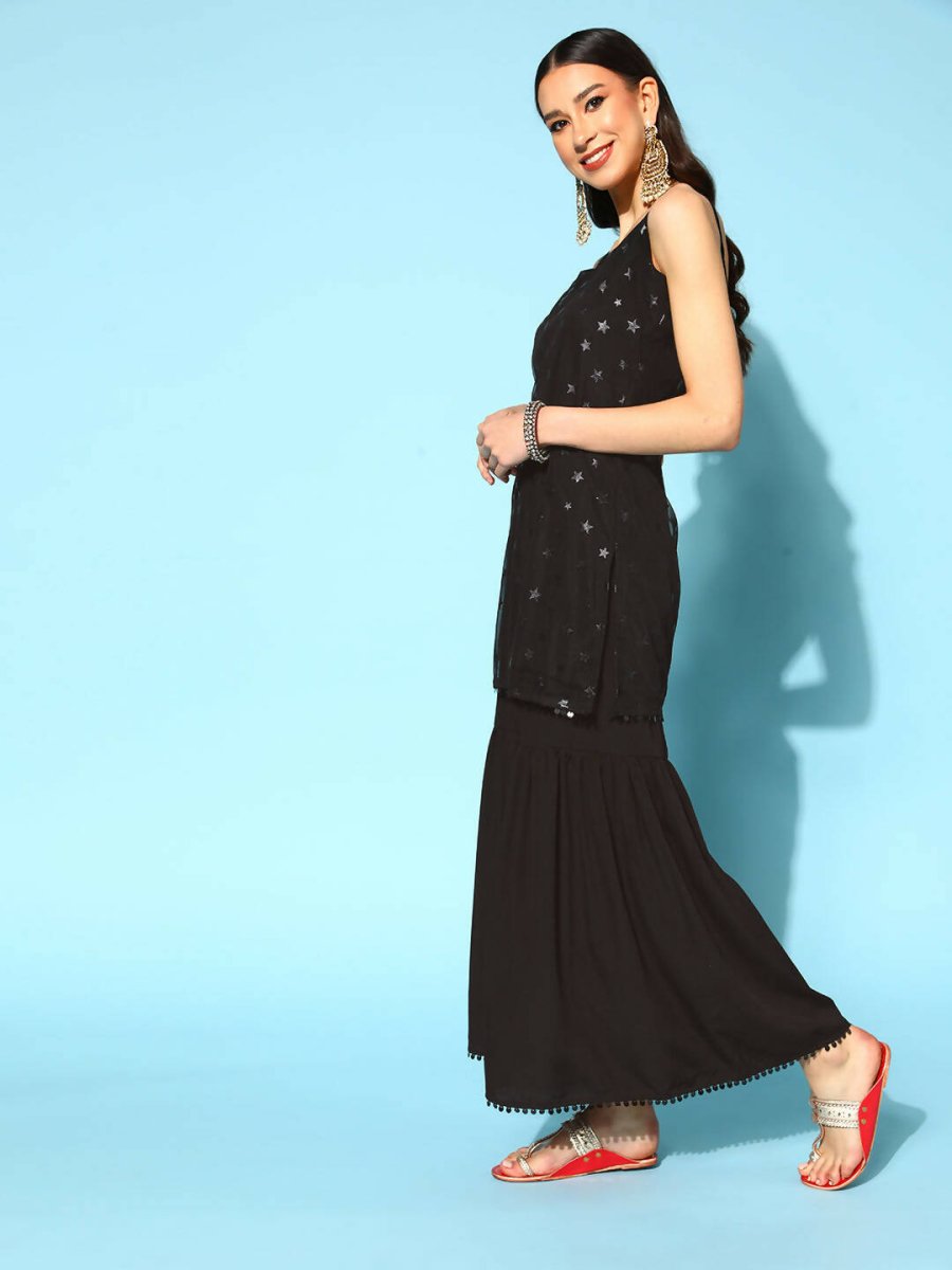 Ahalyaa Women Black Colour Crepe Foil Printed Kurta Sharara Set With Dupatta | Grocsy