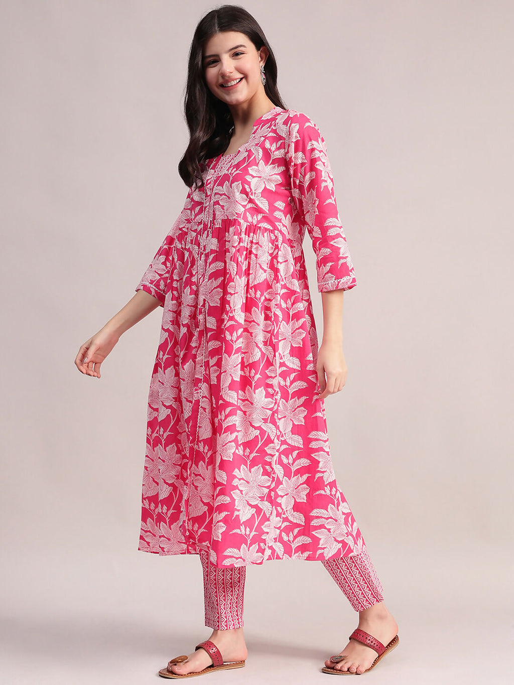Aavyora Women's Pink Floral Cotton Kurta with Lace Detailing, with Trouser & Dupatta | Grocsy