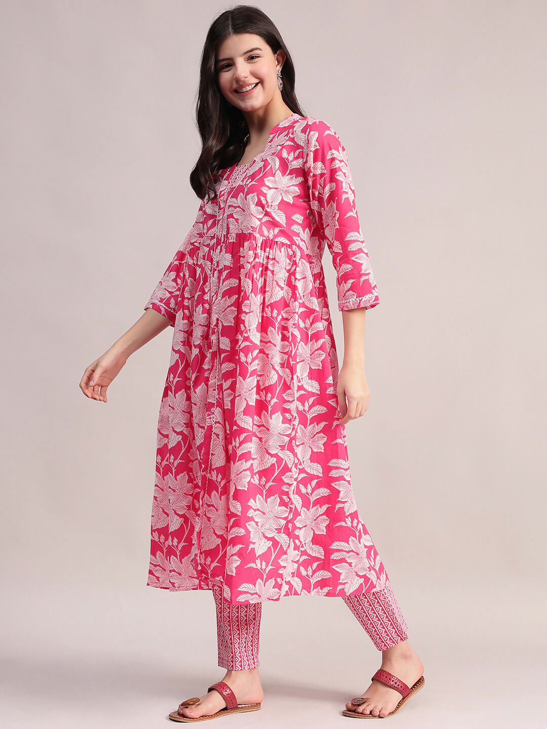 Aavyora Women's Pink Floral Cotton Kurta with Lace Detailing, with Trouser & Dupatta | Grocsy