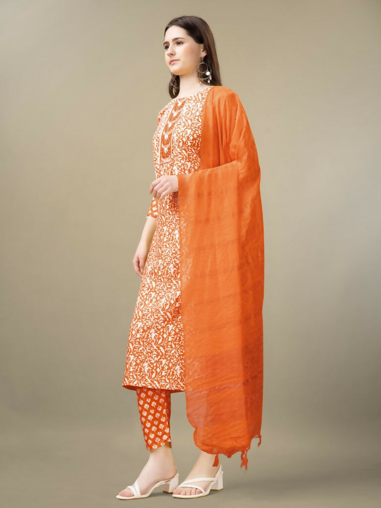 Jyoti Fashion Women's Orange Rayon Embroidery & Sequence work Kurta with Trouser & Dupatta | Grocsy