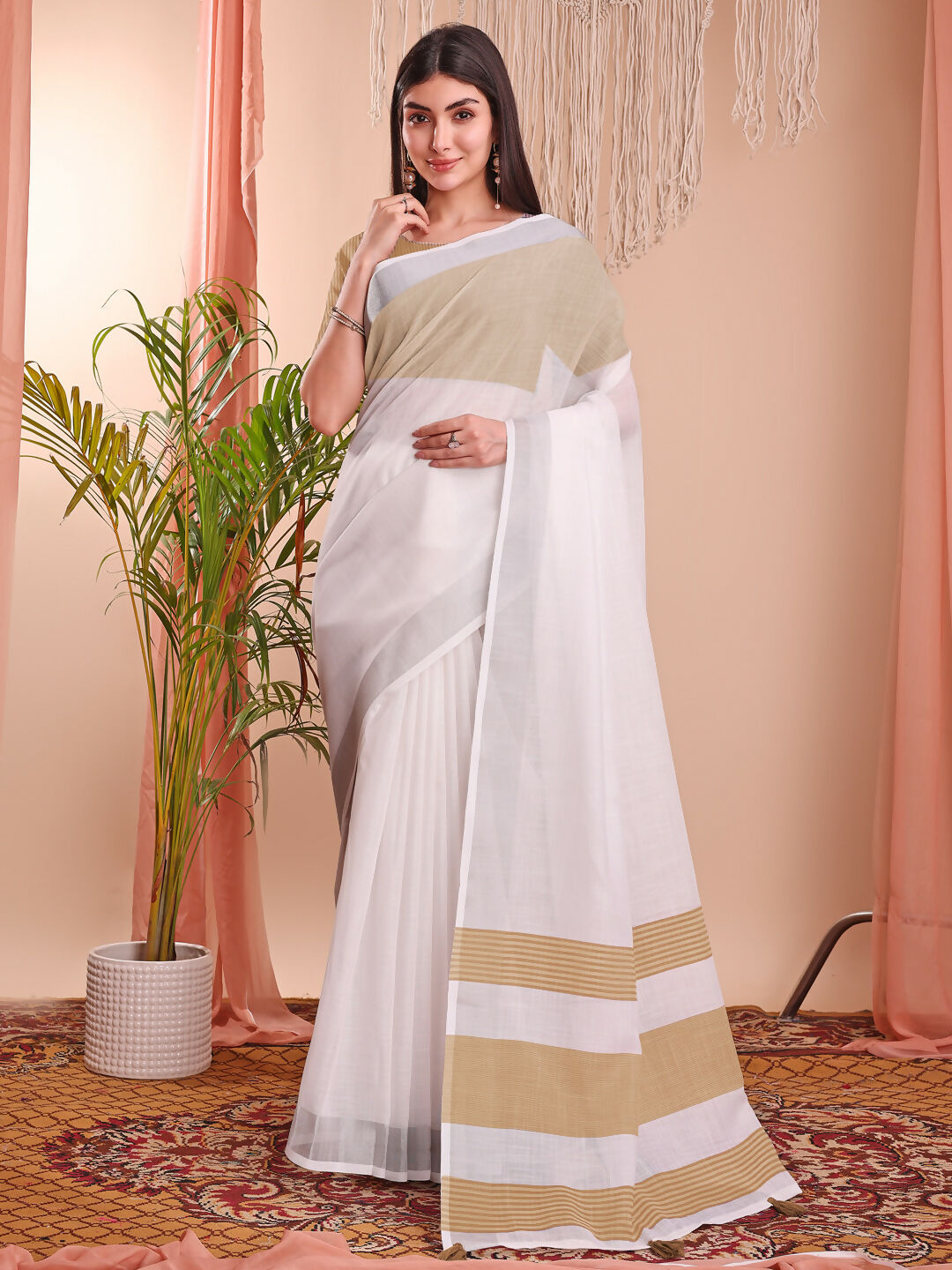 Shree Shyam Fashion The White Loom White Linen Cotton Saree | Grocsy