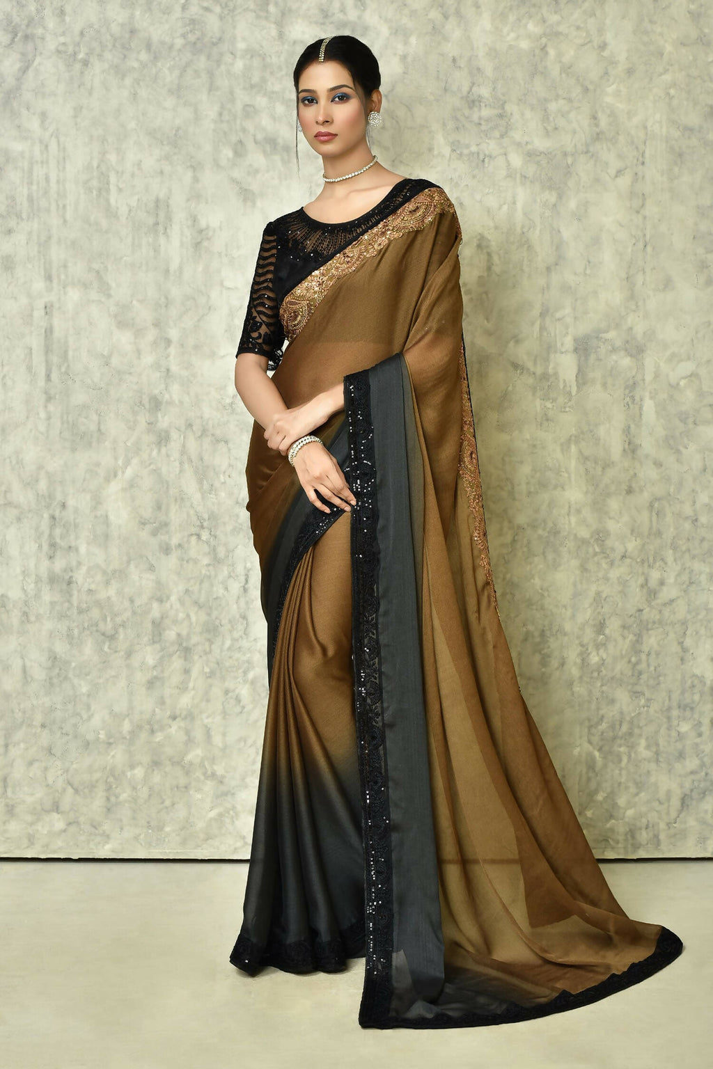 Brown Silk Solid Designer Saree with Blouse - Purvi | Grocsy