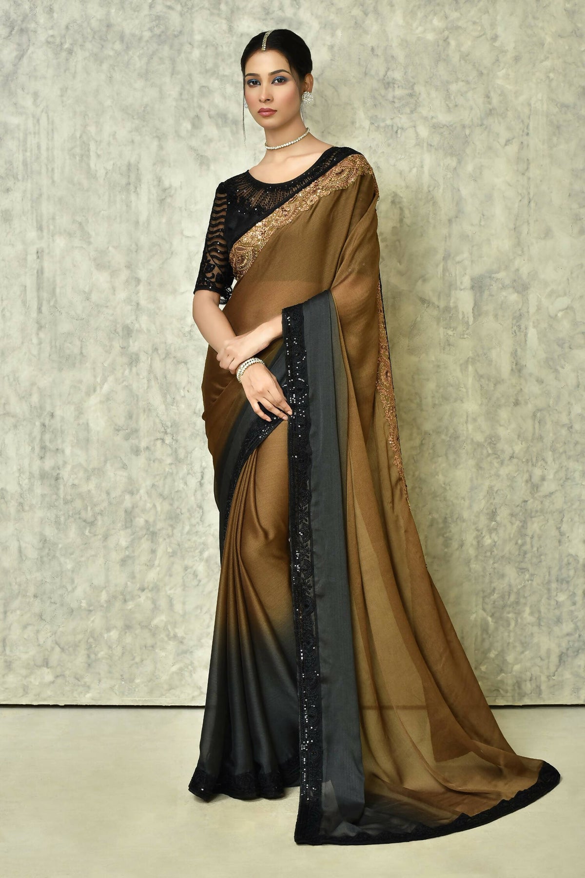 Brown Silk Solid Designer Saree with Blouse - Purvi | Grocsy