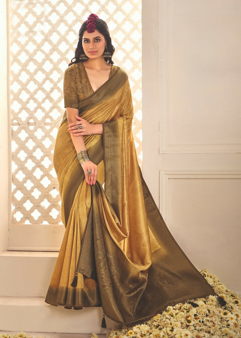 Joban Fashion Satin Silk With Zari Border Mustard Colored Designer Pallu Saree | Grocsy