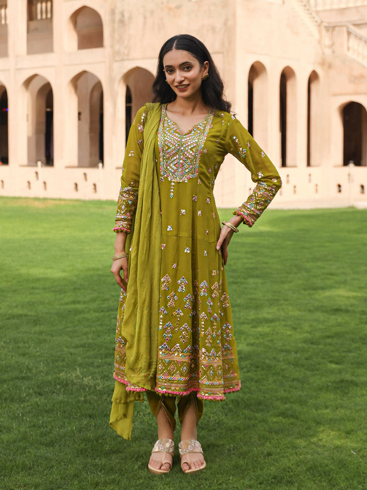 Juniper Women's Green Thread Embroidered Georgette Kurta Dhoti Pant & Dupatta Set With Mirror Work & Sequins | Grocsy