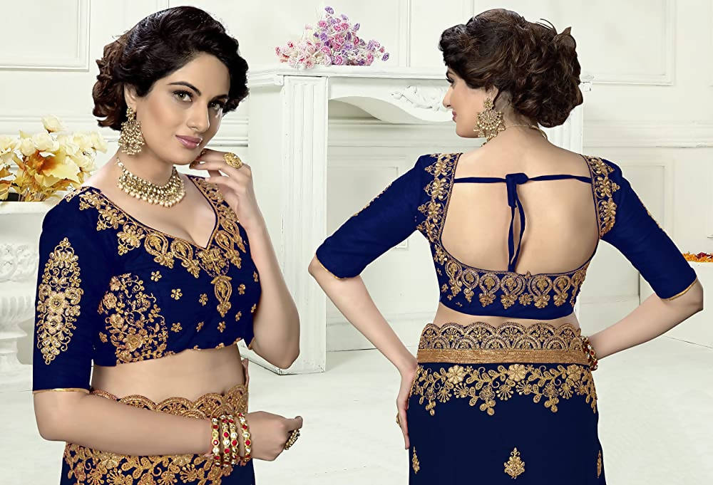 Panash Trends Women's Blue Silk Heavy Embroidery Saree | Grocsy