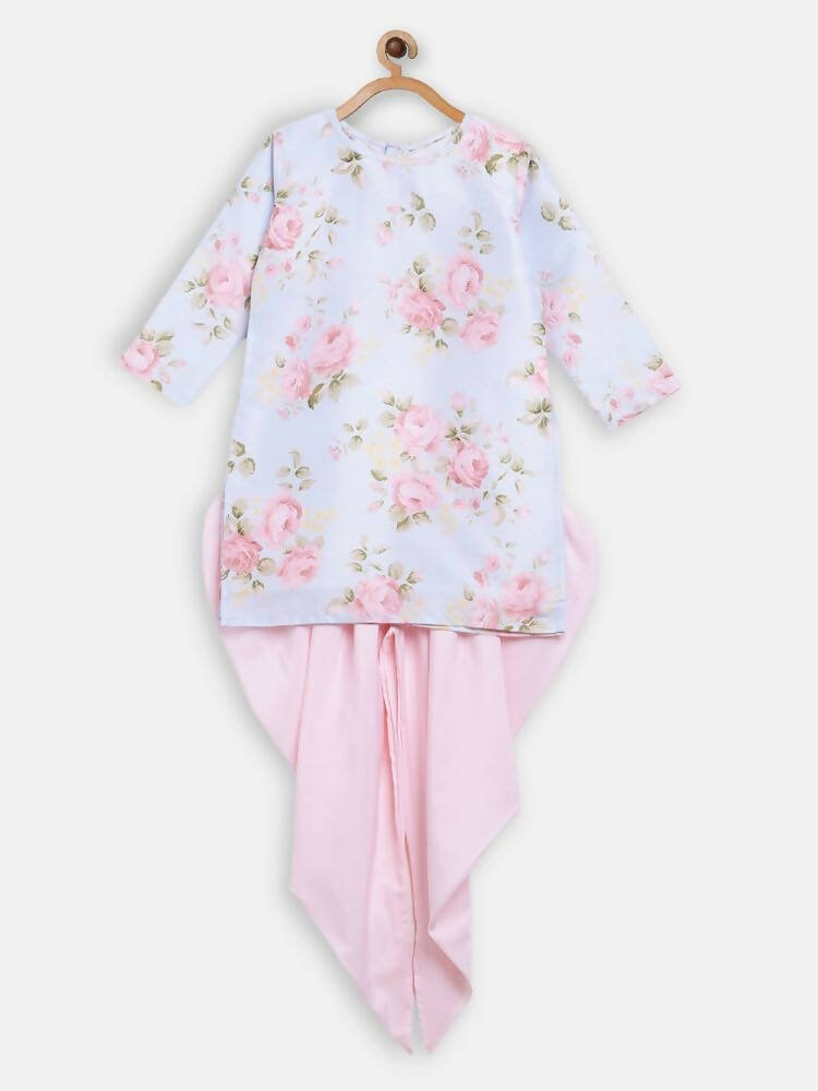 Ahalyaa Pink Polysilk Floral Printed Kids Kurta Dhoti Set For Girls | Grocsy