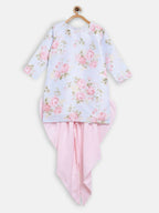 Ahalyaa Pink Polysilk Floral Printed Kids Kurta Dhoti Set For Girls | Grocsy