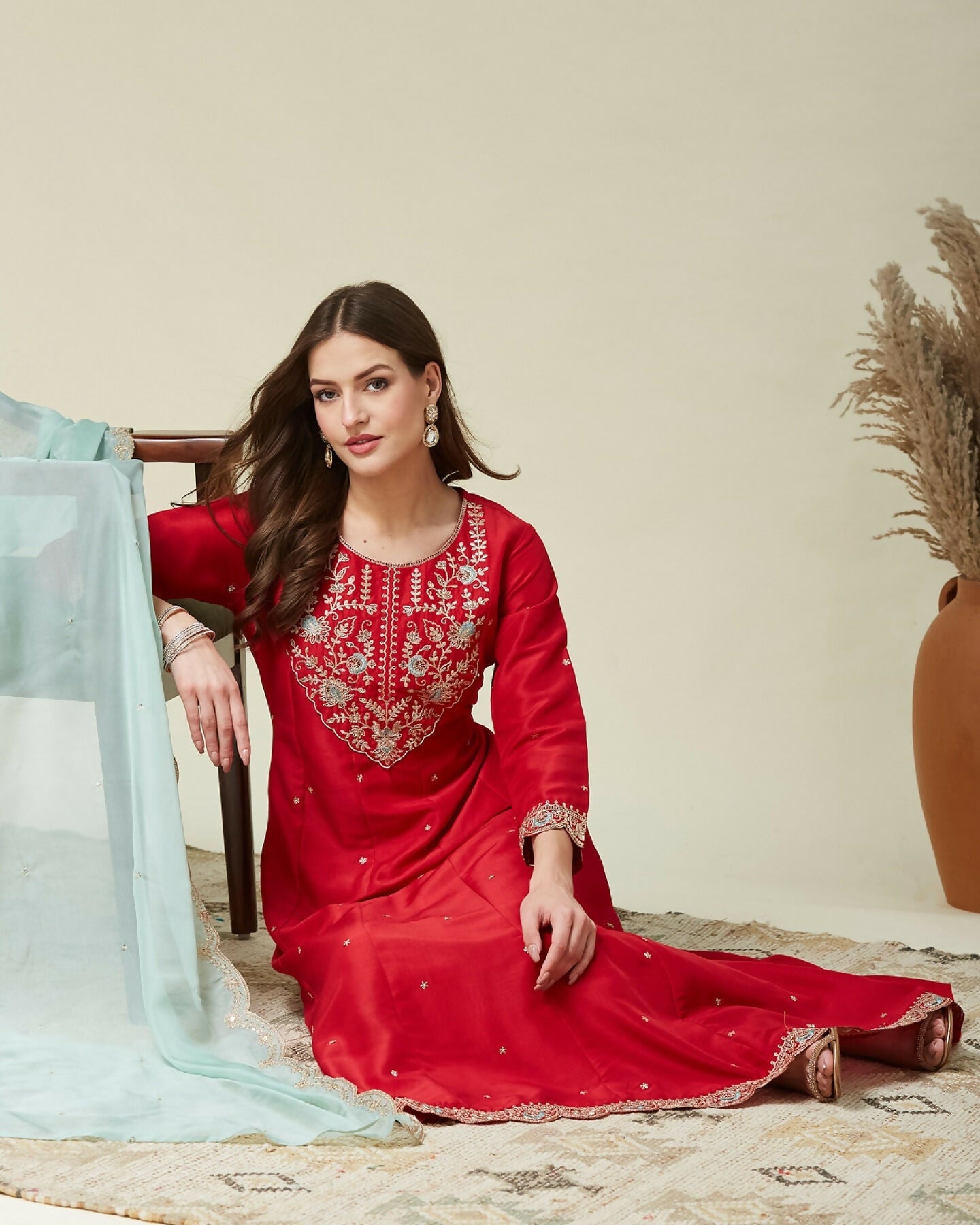 The52 Women's Beautiful Vichitra Fabric Embroidery Work Flared Anarkali Pant and Dupatta Set | Grocsy