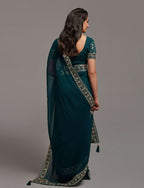 PR Fashion Petrol Zometo Embroidery Lace Saree | Grocsy