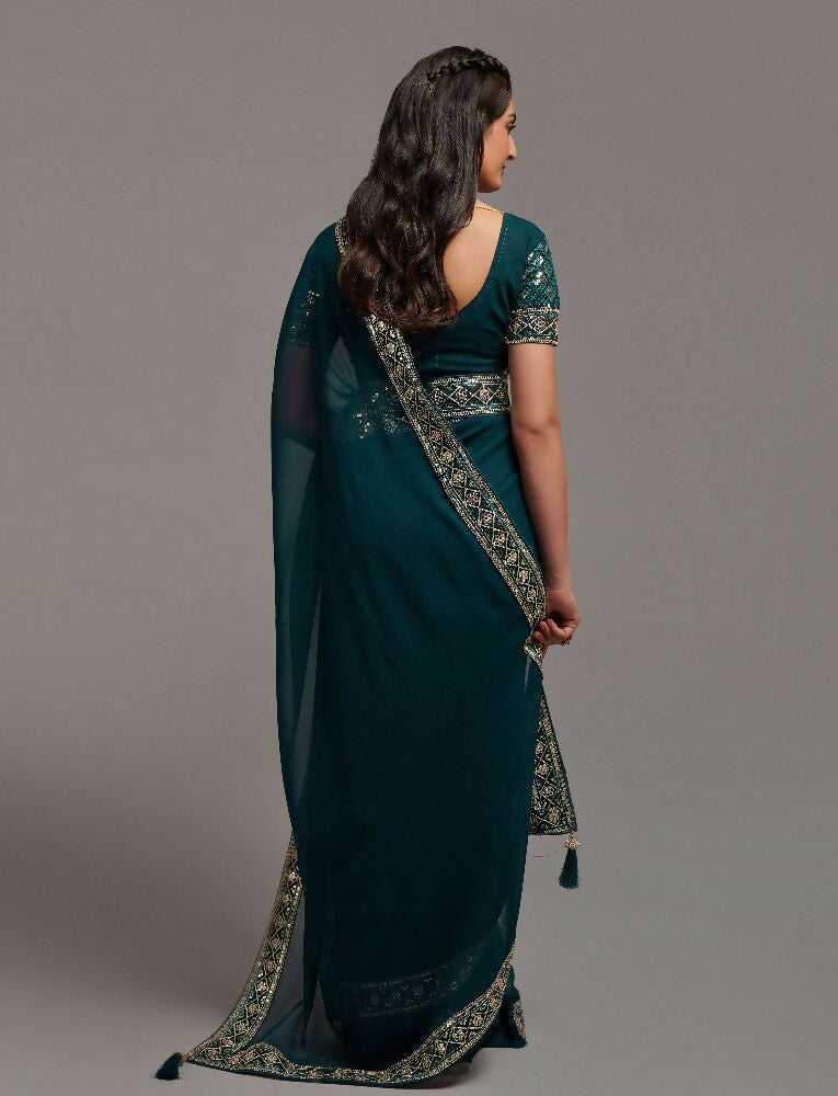 PR Fashion Petrol Zometo Embroidery Lace Saree | Grocsy