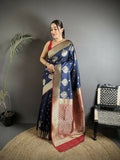 Joban Fashion Navy Blue Woven Butti Soft Silk Banarasi Silk Saree | Grocsy