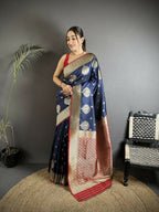 Joban Fashion Navy Blue Woven Butti Soft Silk Banarasi Silk Saree | Grocsy