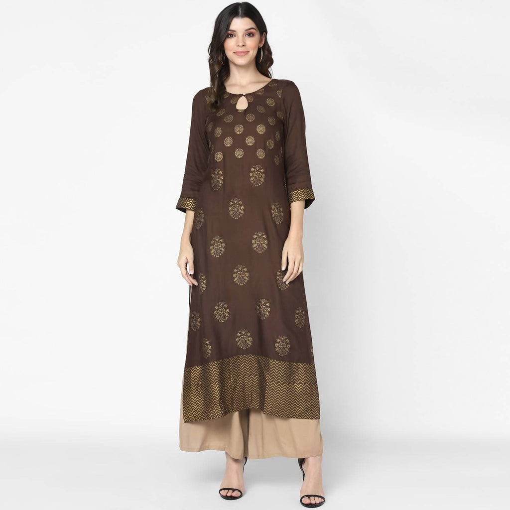 Indian Clothing Cheera Hand Block Print Brown A Line Kurta (MAAI-055K) | Grocsy