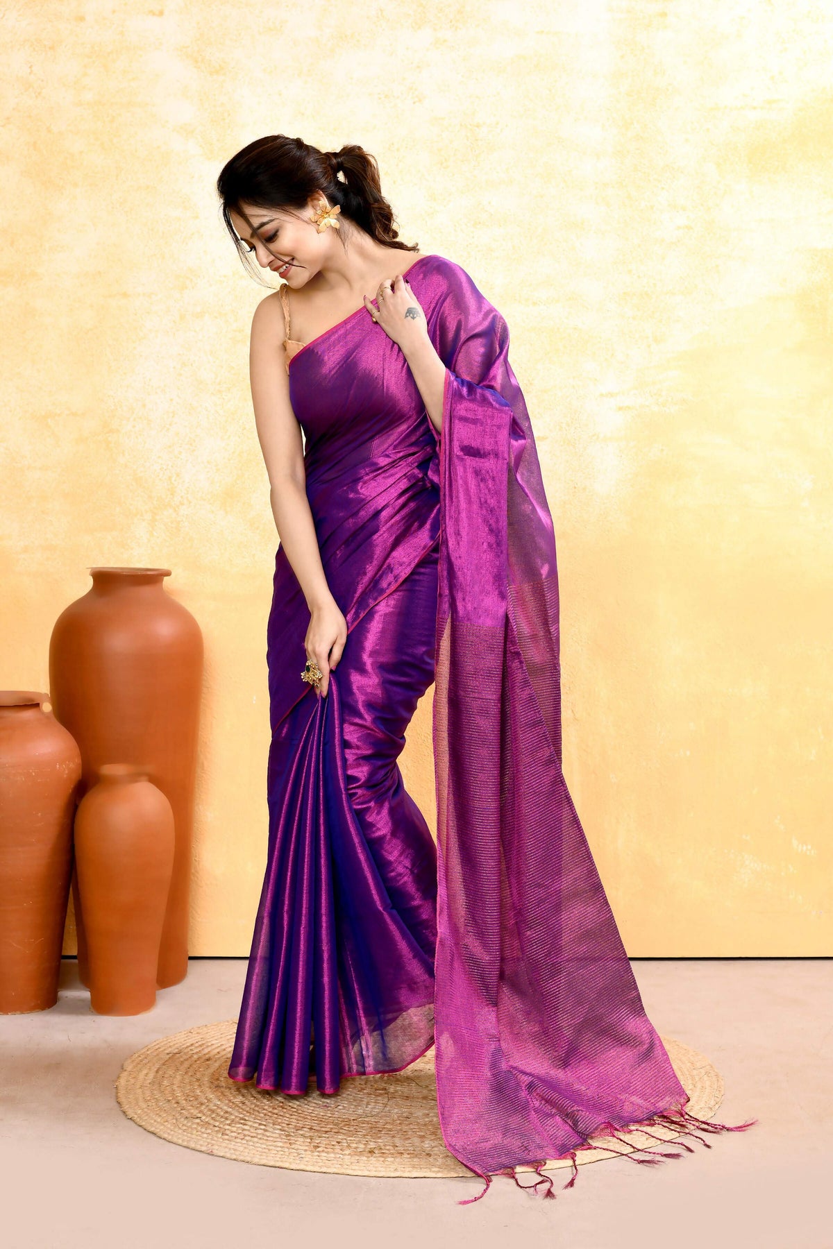 Piyari Fashion Women's Violet Dual Tone Organic Tissue Saree With Blouse Piece | Grocsy