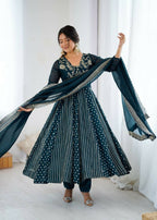 Teeya Creation Teal Color Heavy Crunchy Silk Embroidery Work Gown | Grocsy