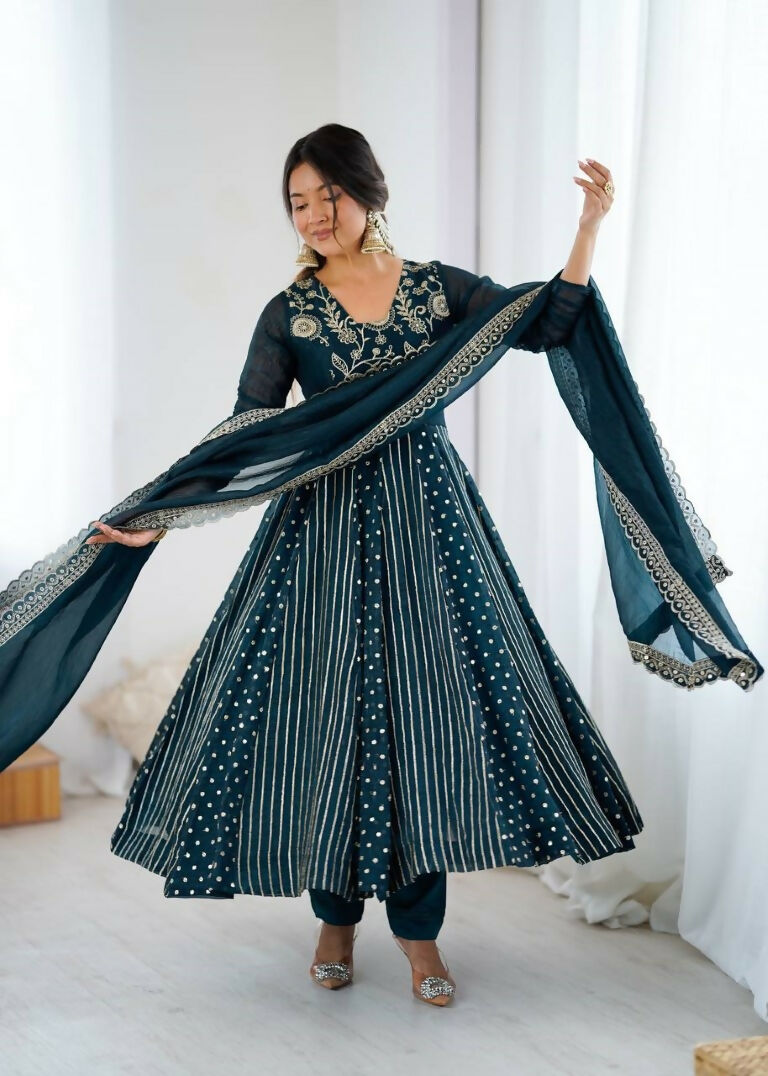 Teeya Creation Teal Color Heavy Crunchy Silk Embroidery Work Gown | Grocsy