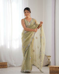 Pista Gold Twill Net Multy Thread, Sequance Embroidery Work Saree - Kriti | Grocsy