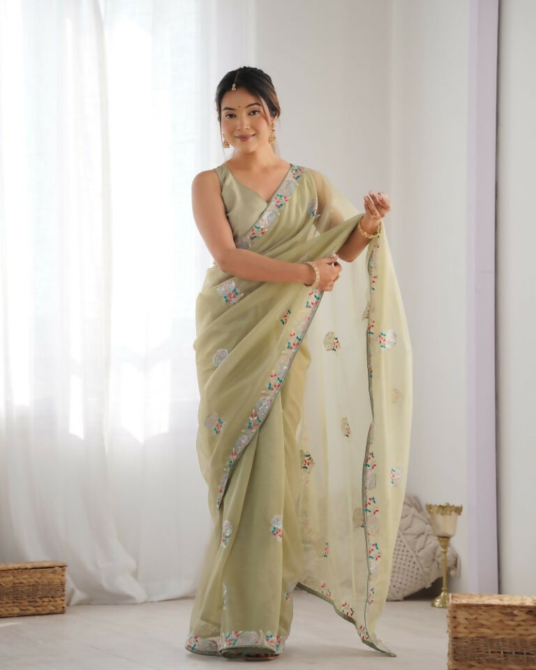 Pista Gold Twill Net Multy Thread, Sequance Embroidery Work Saree - Kriti | Grocsy