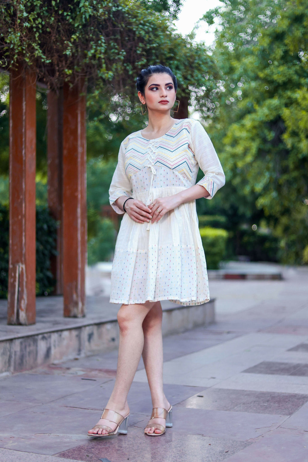 Aayaa Designer Multi Thread Hand Work Khadi Cotton One Piece Dress - Off White | Grocsy