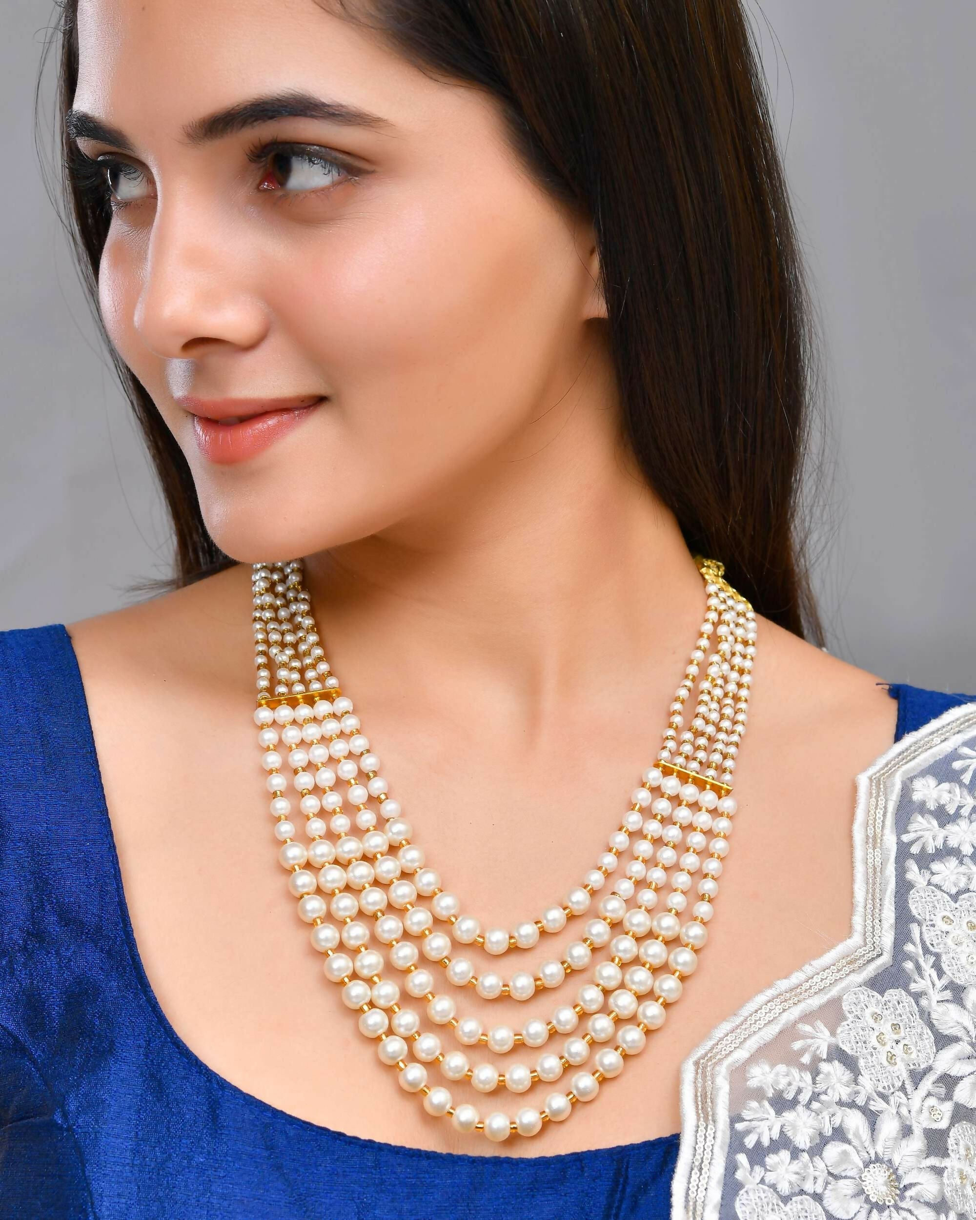 VOJ Gold-Polished Multi Layered Pearl Maharani Necklace | Grocsy